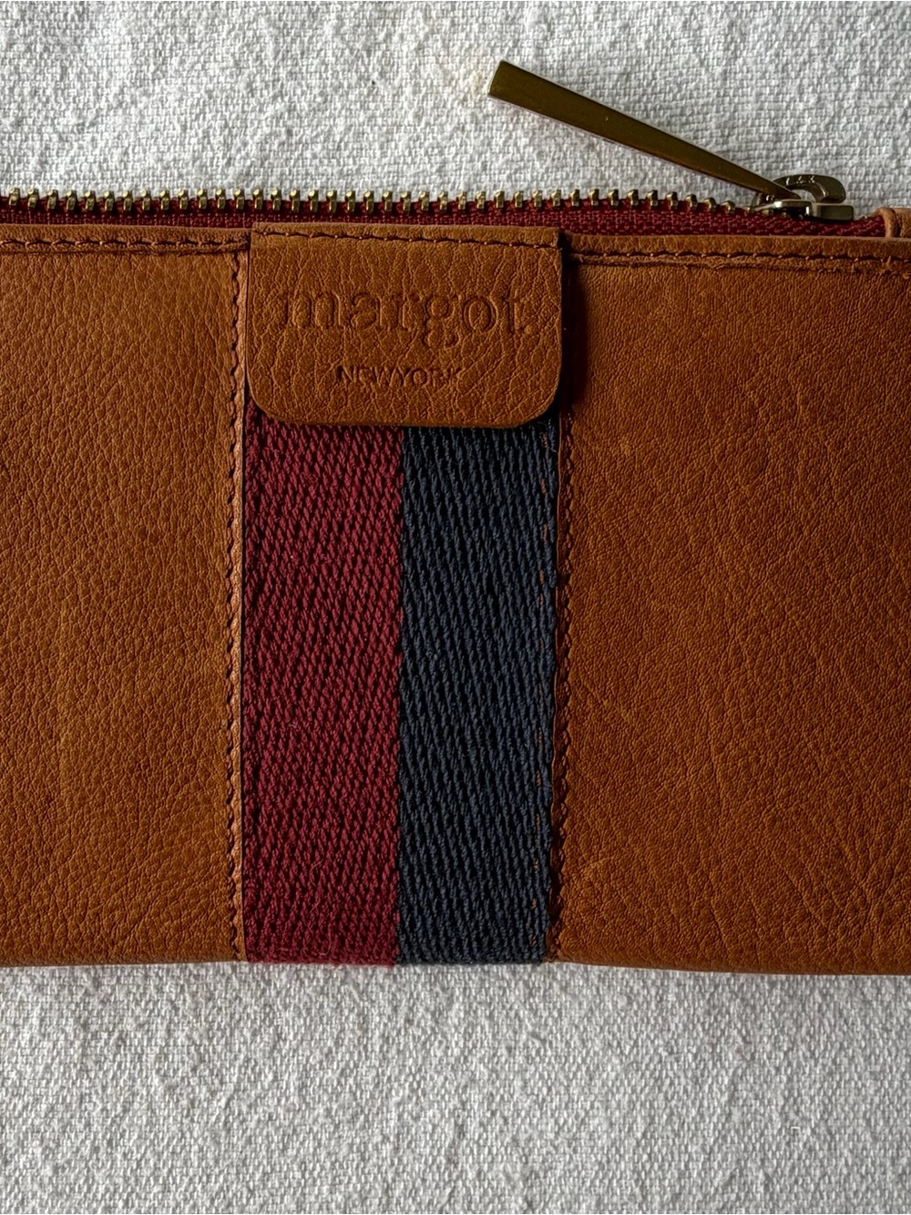 margot Tan Leather Zip Wallet with Burgundy & Black Stripe